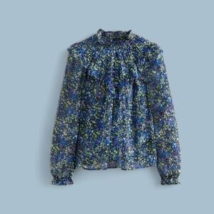 Boden V Yoke Flounce Sheer Floral Blouse Top Nebulas Blue Ruffle Size 4